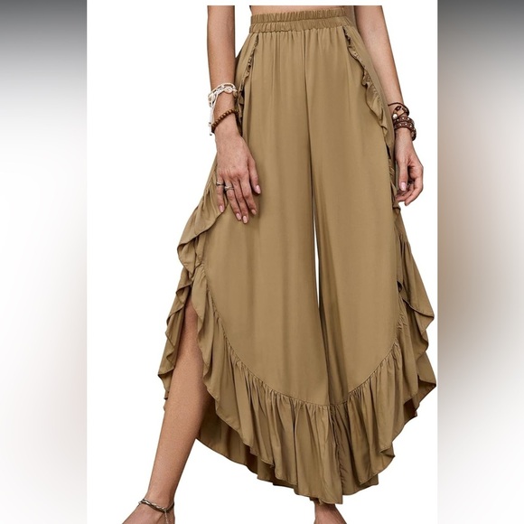 Henna store Green Wide-Leg Ruffle Split Skirt Pants Elastic Waistband O/S - Picture 4 of 16